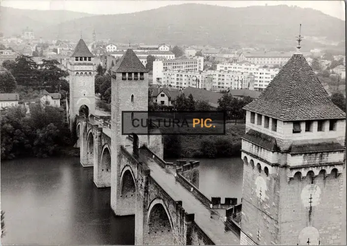 Vintage Original B&W Photo, Pont Valentre a 14th-century Six-span Fortified Stone Arch Bridge Crossing The River Lot to the West of Cahors, in France