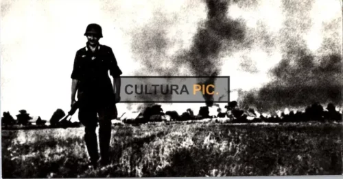 Vintage Original B&W Photo, a German soldier against the backdrop of a burned Soviet village