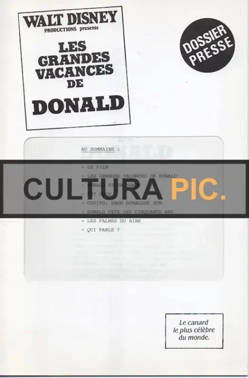 Press Release in French of the Film "LES GRANDES VACANCES DE DONALD" Walt Disney Production - 1977